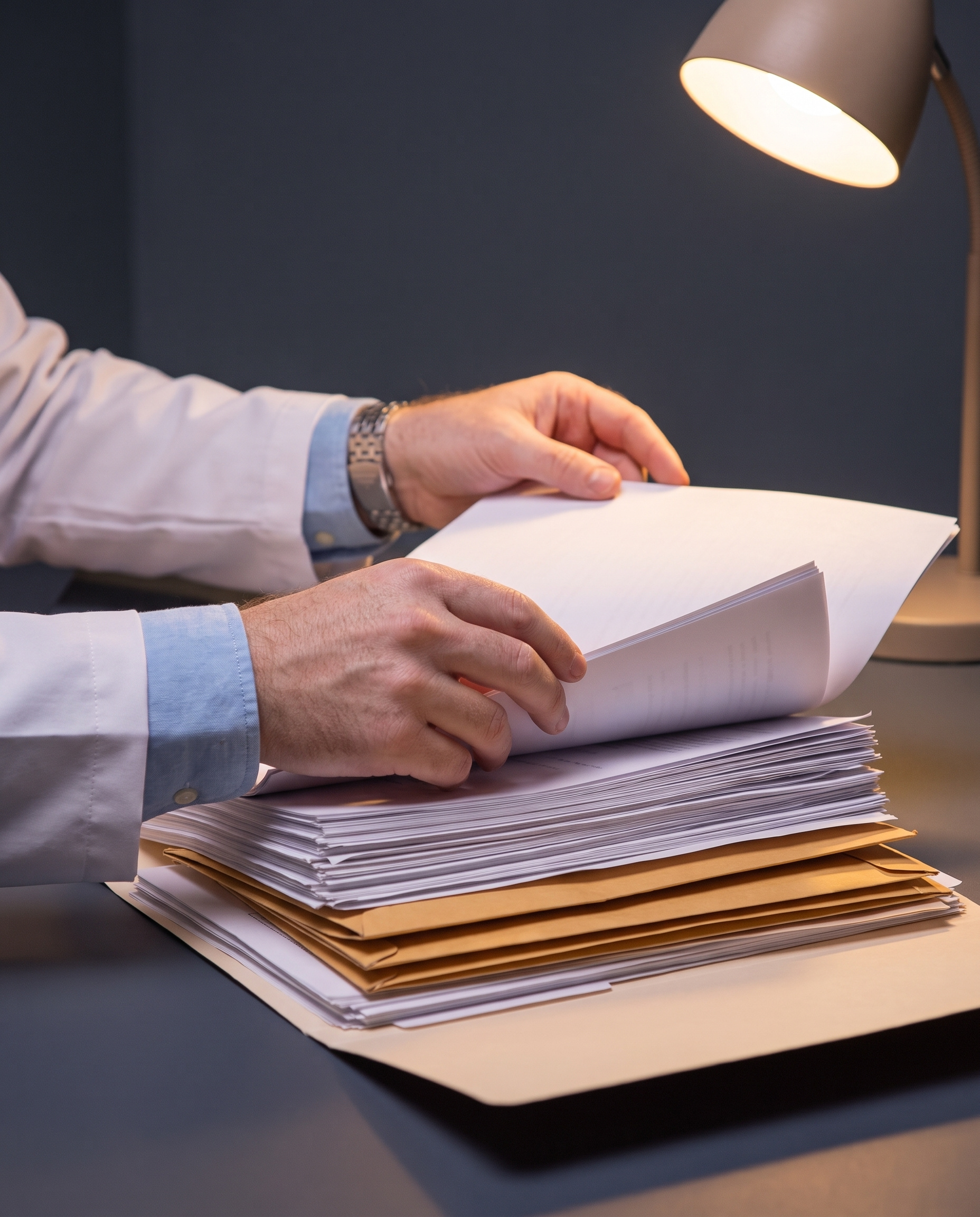 O cirurgião de jaleco folheia na mesa a pasta do paciente, com envelopes de exames e laudos