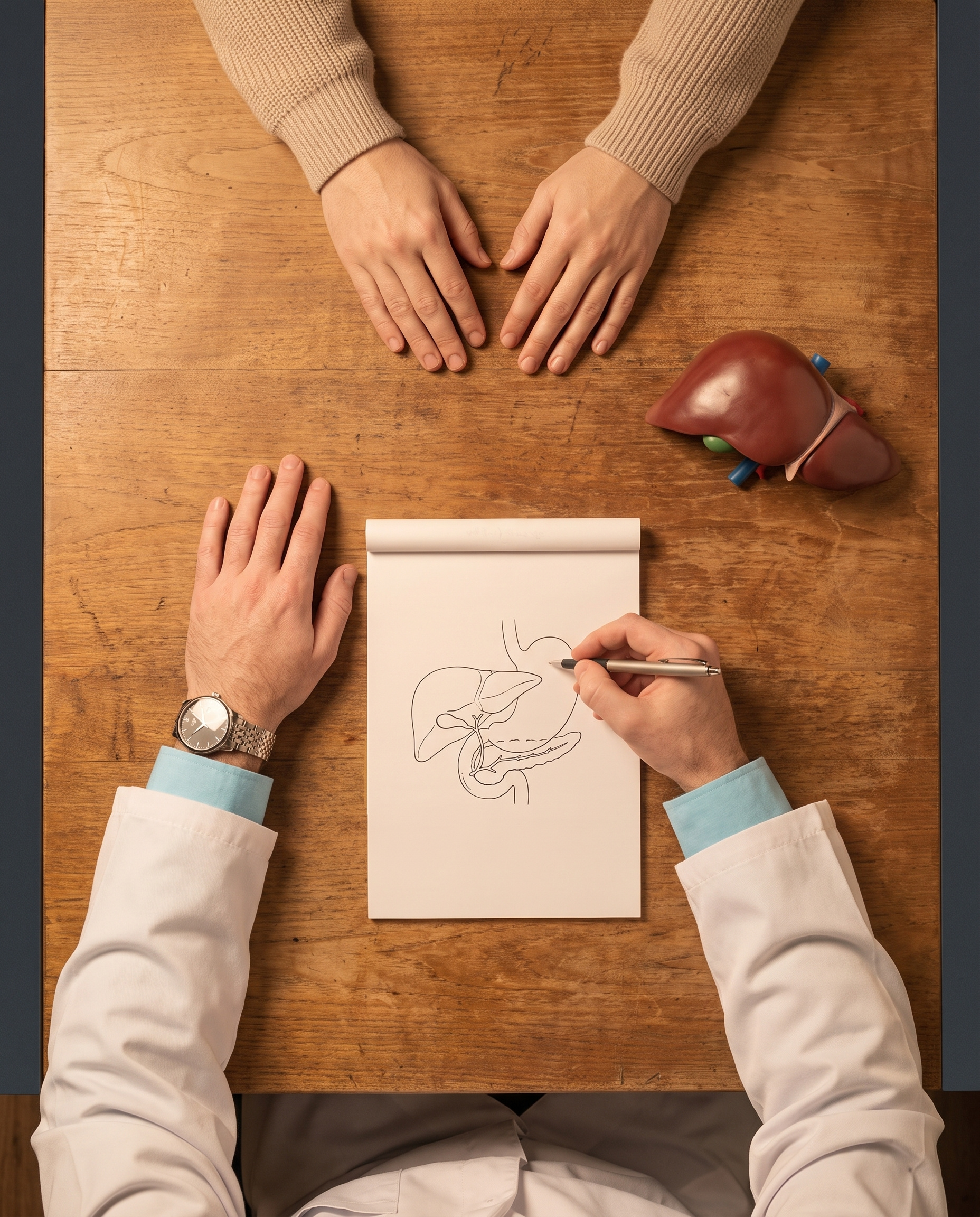 Mesa vista de cima: o cirurgião de jaleco desenha o fígado, o estômago e o pâncreas em um bloco, diante das mãos do paciente, ao lado de um modelo do fígado