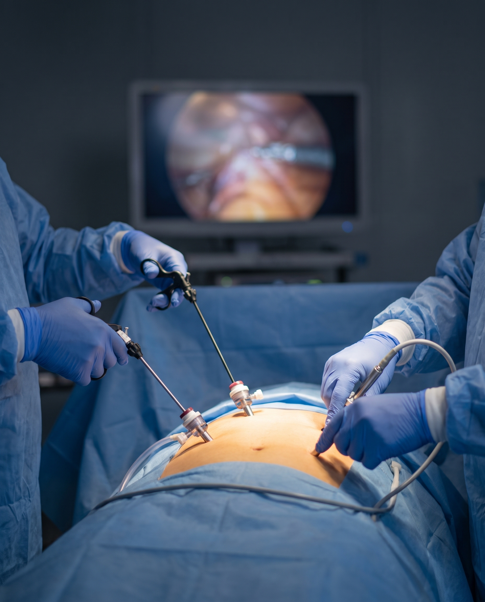 Cirurgia por videolaparoscopia: mãos de luva seguram as pinças longas que entram no abdome coberto por campos azuis